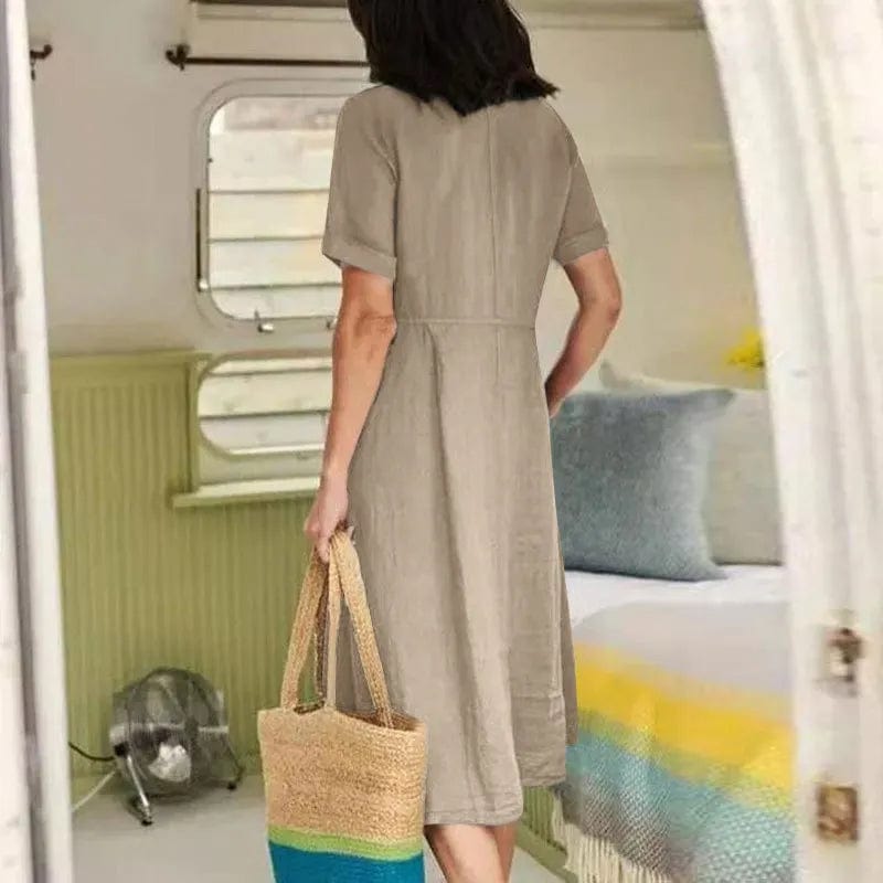 Short-Sleeve Button-Front Midi Dress - Casual Cotton Style