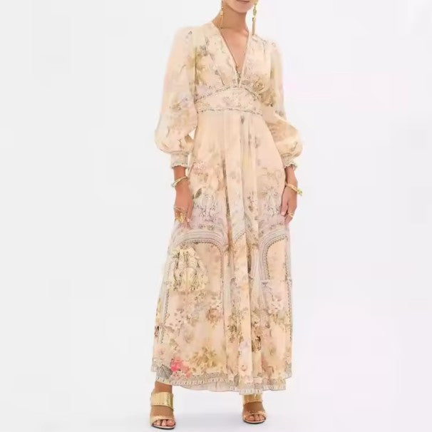 Women's Silk Maxi Dress – Embellished V-Neck, Flowy Fit Wedding Guest Dress