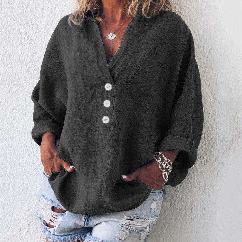 Casual Linen V-Neck Blouse – Oversized Button Front Long Sleeve Top