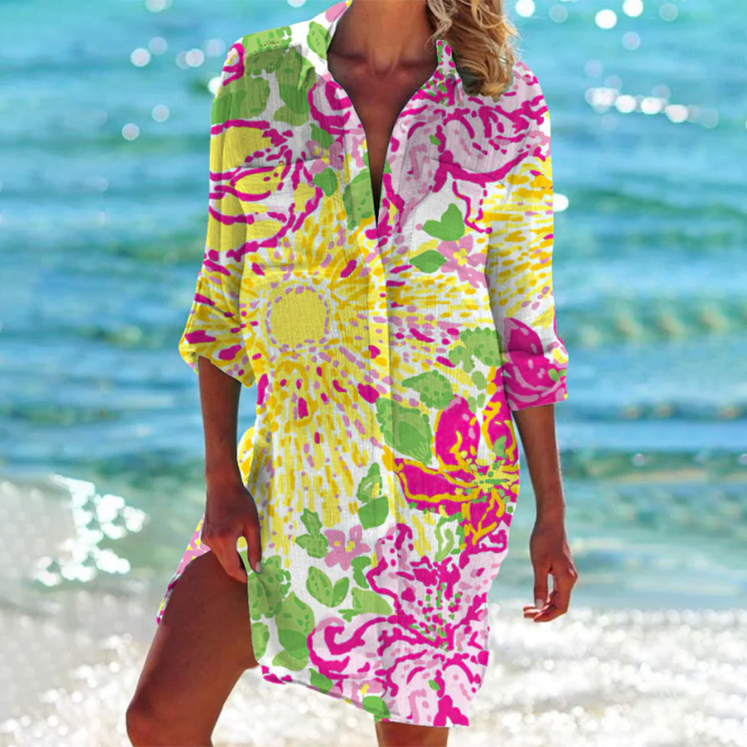 Printed Boho Beach Cover-Up Shirt Dress – Lightweight Button-Down Tunic