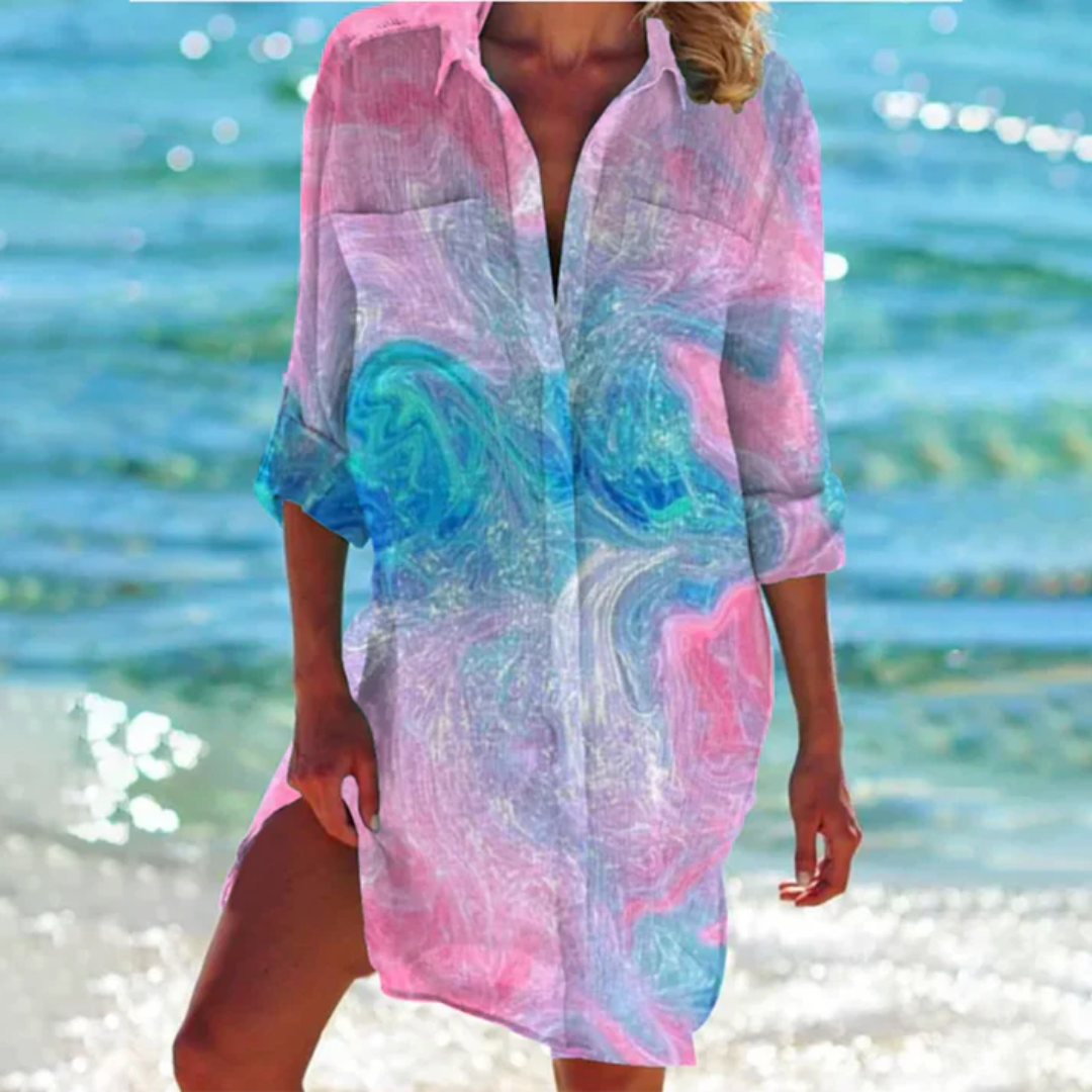 Printed Boho Beach Cover-Up Shirt Dress – Lightweight Button-Down Tunic