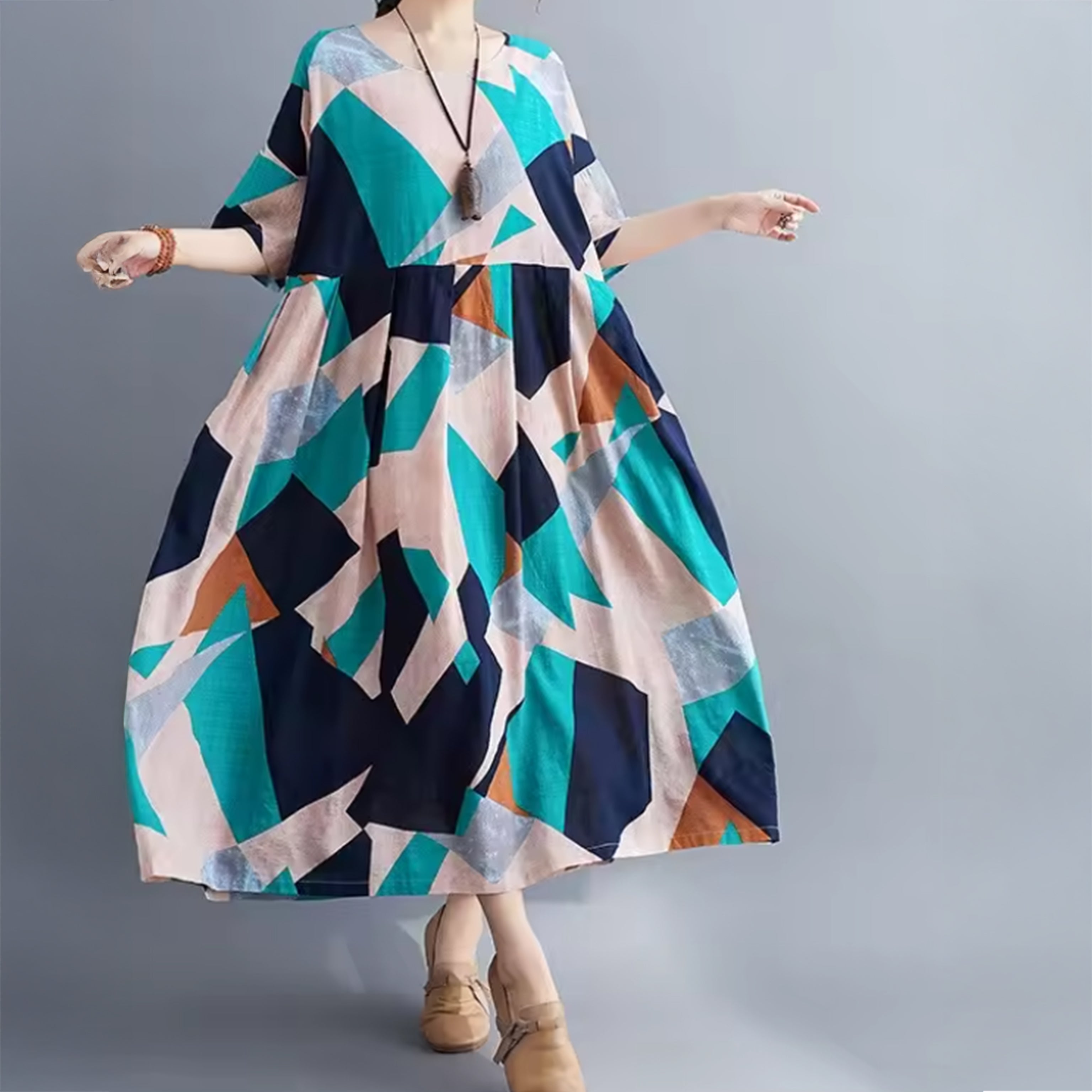 Oversized Linen Printed Midi Dress with Pockets – Boho Summer Look