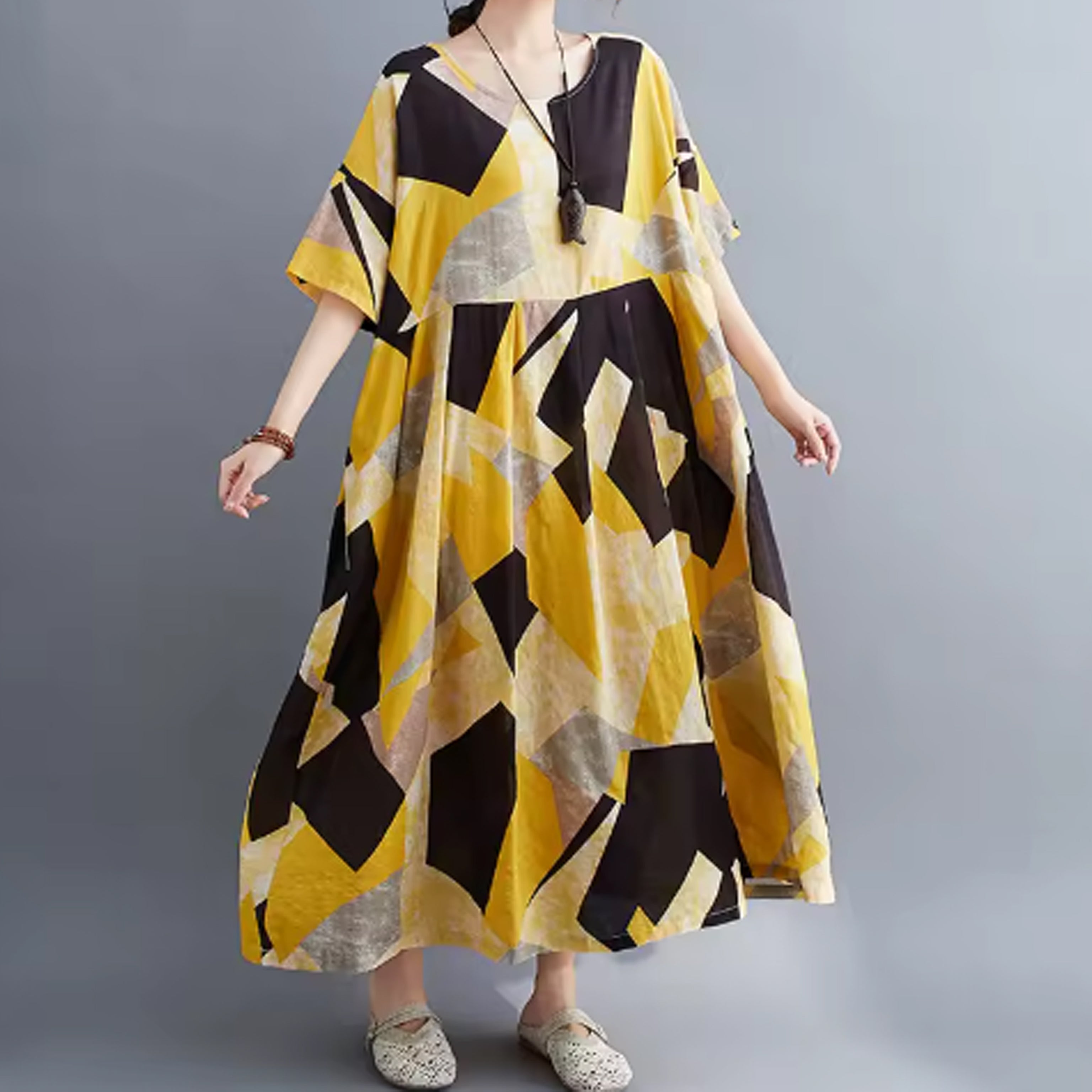 Oversized Linen Printed Midi Dress with Pockets – Boho Summer Look