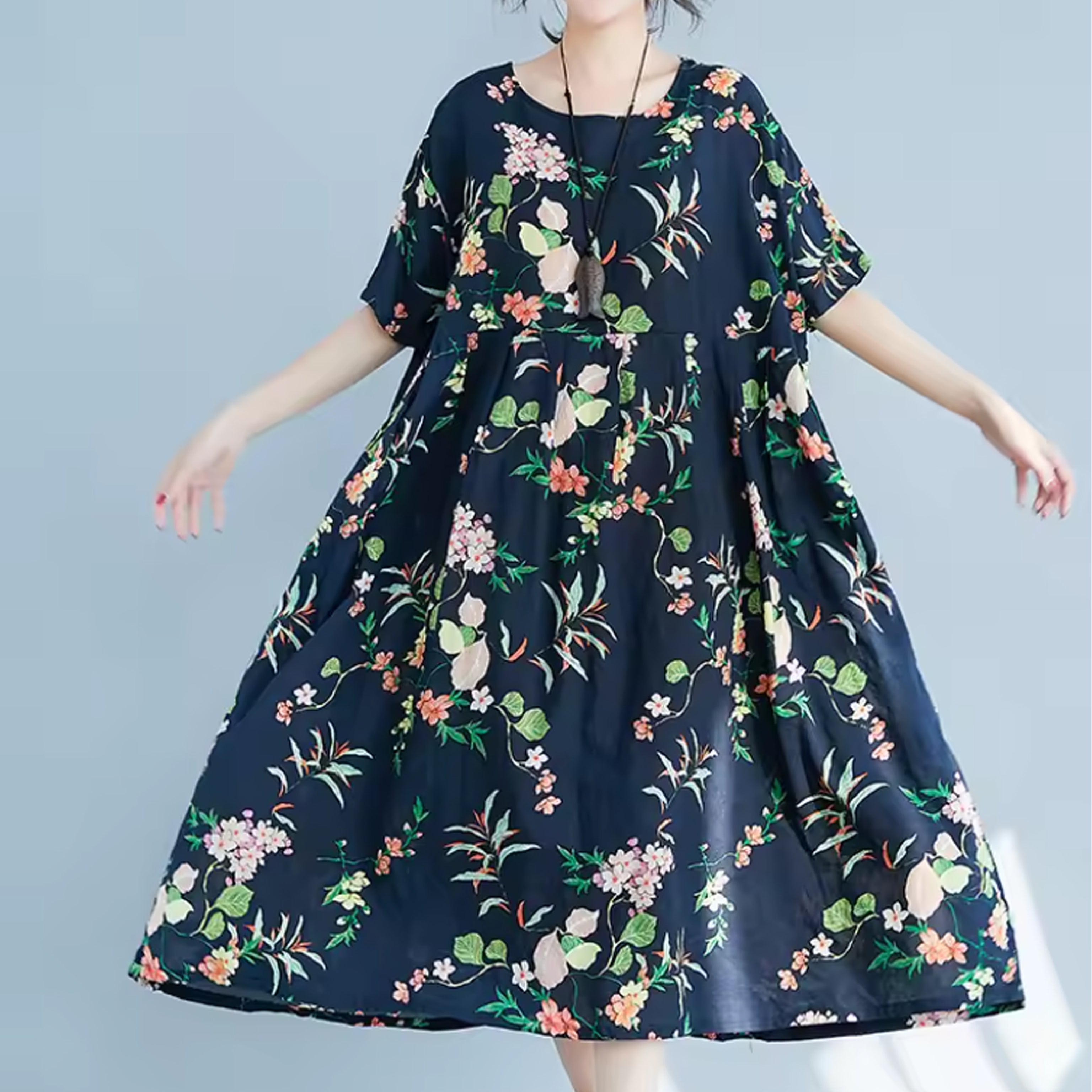Oversized Linen Printed Midi Dress with Pockets – Boho Summer Look