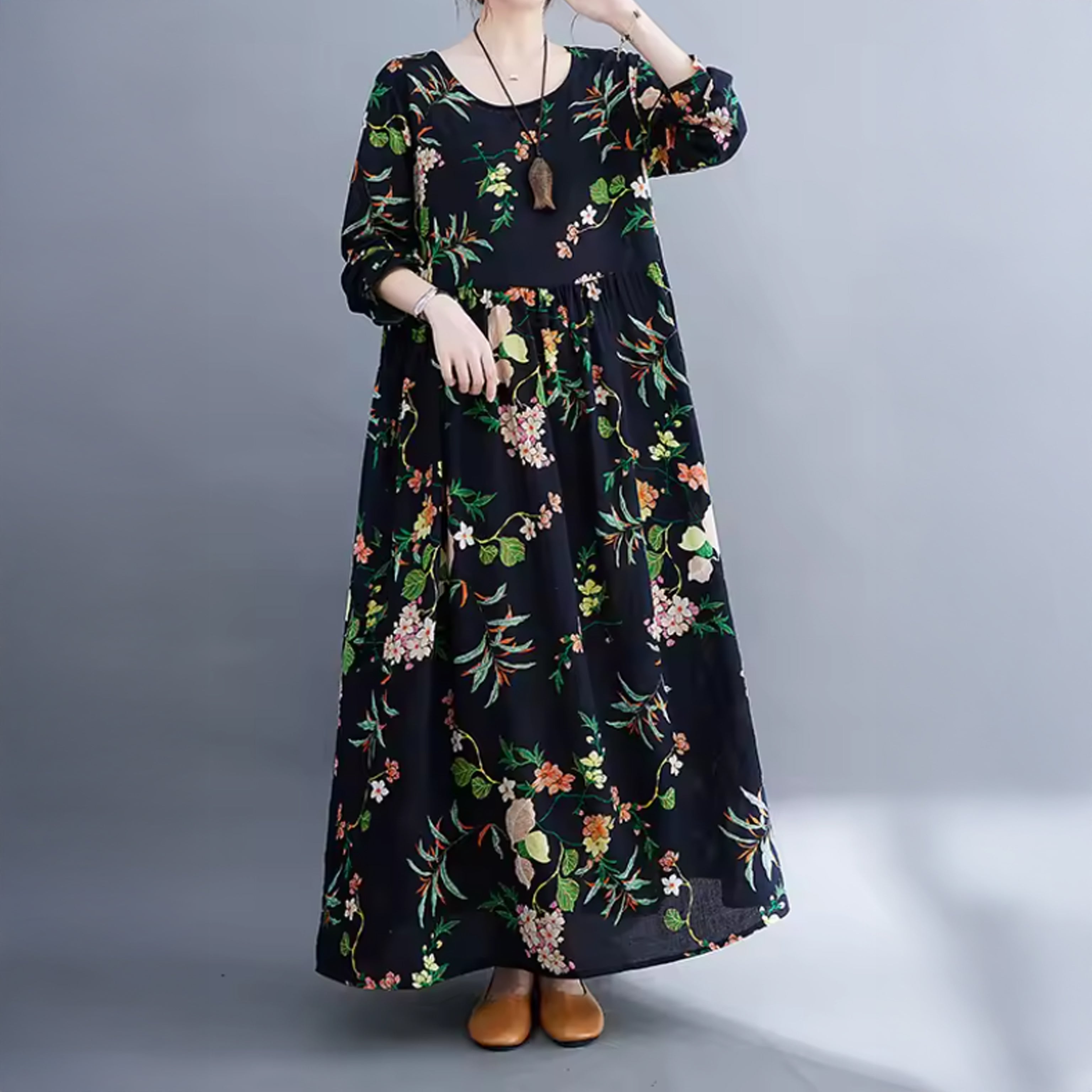 Oversized Linen Printed Midi Dress with Pockets – Boho Summer Look