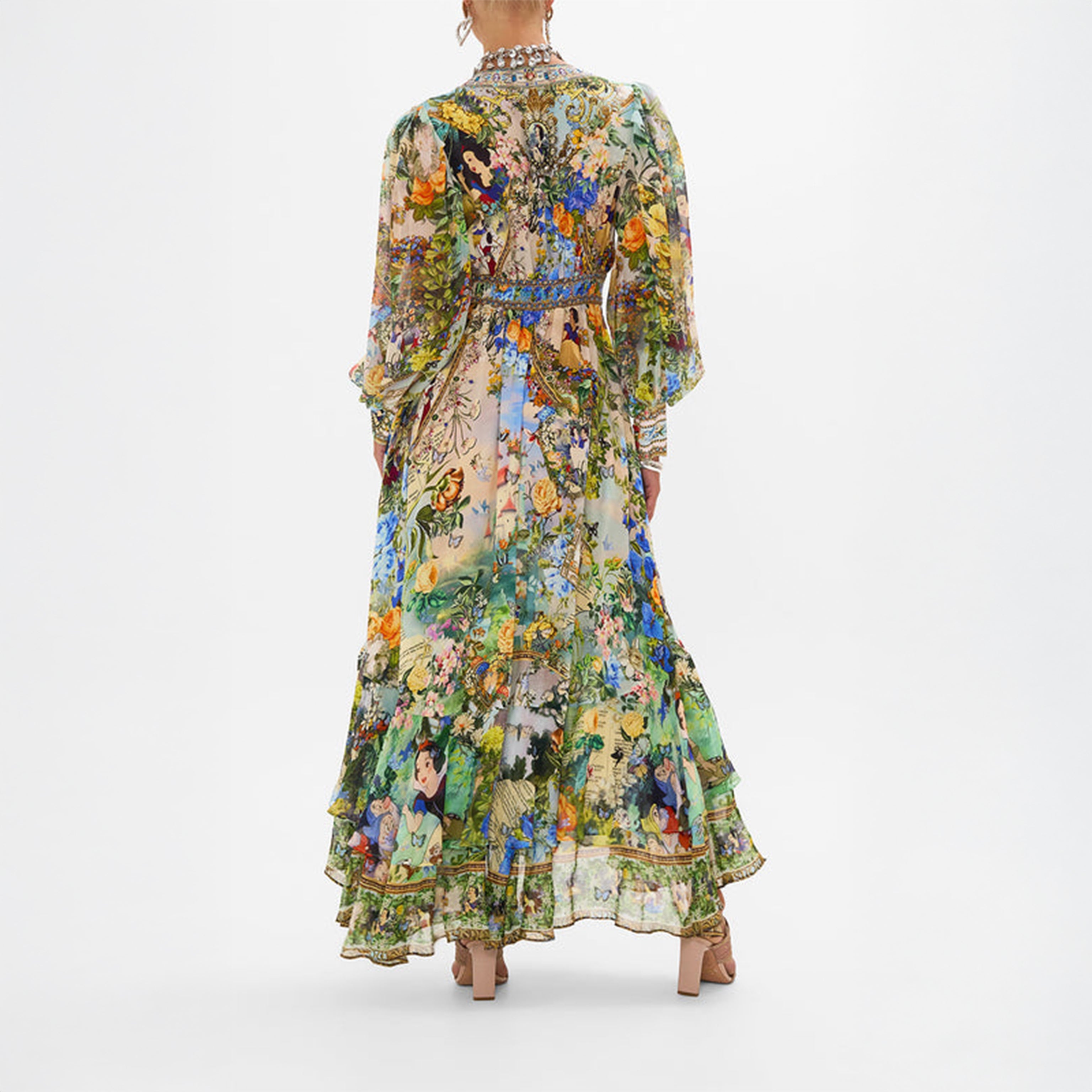 Floral Fairytale Print Maxi Dress with Beaded Trim & Puff Sleeves