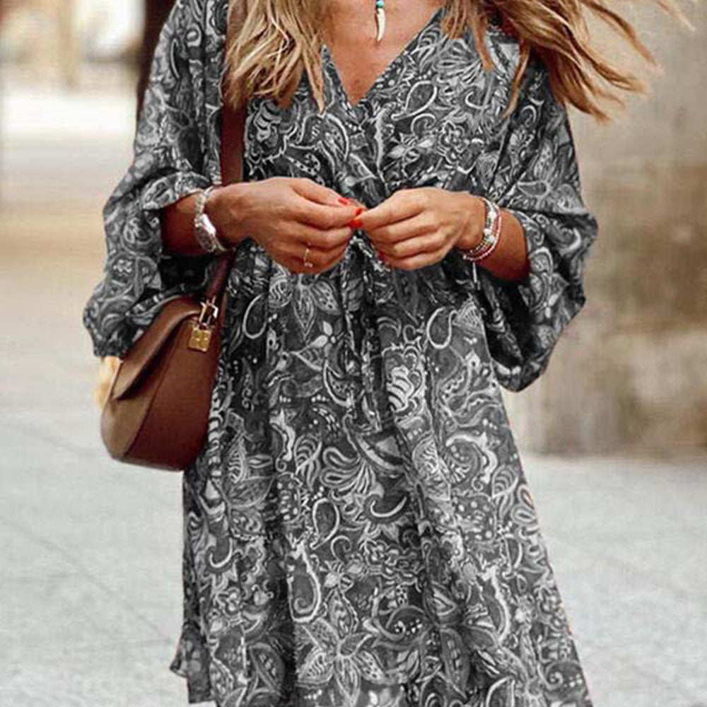 Boho Floral Print Long Sleeve Mini Dress – Casual & Vacation Ready