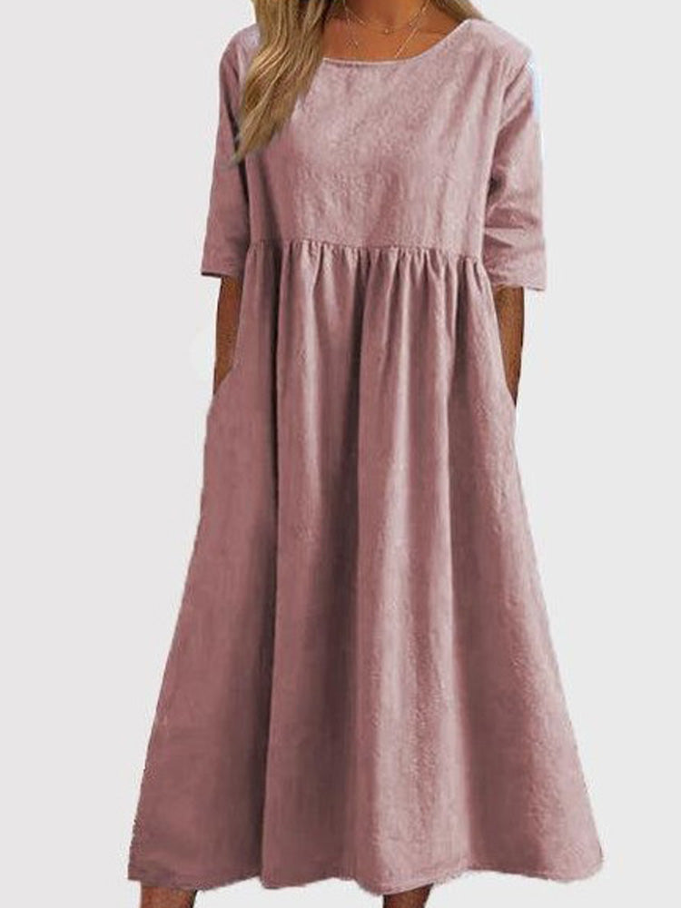 Casual Cotton Midi Dress with Short Sleeves – Relaxed Fit