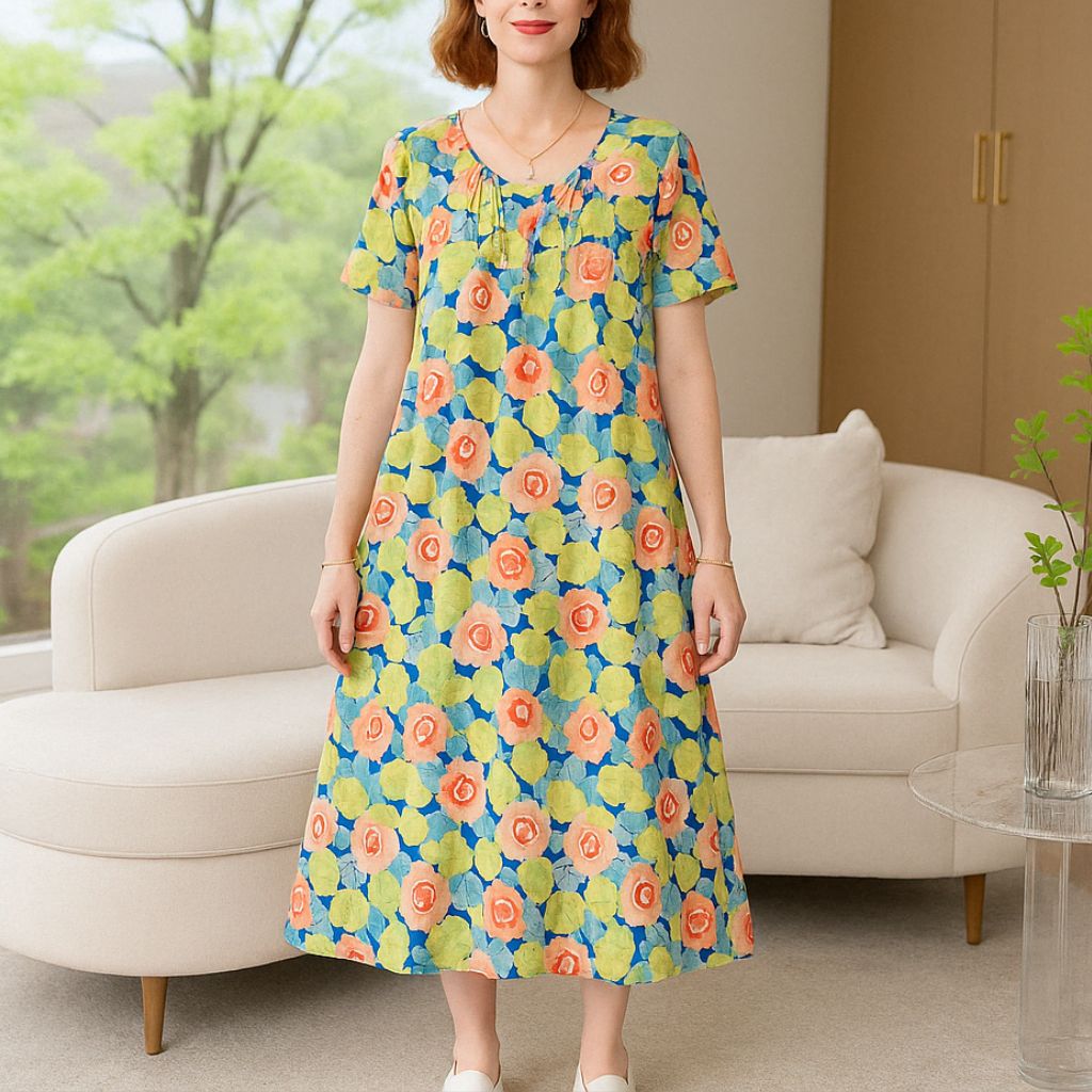 Boho Patchwork Floral Midi Dress – Short Sleeve Boho Style