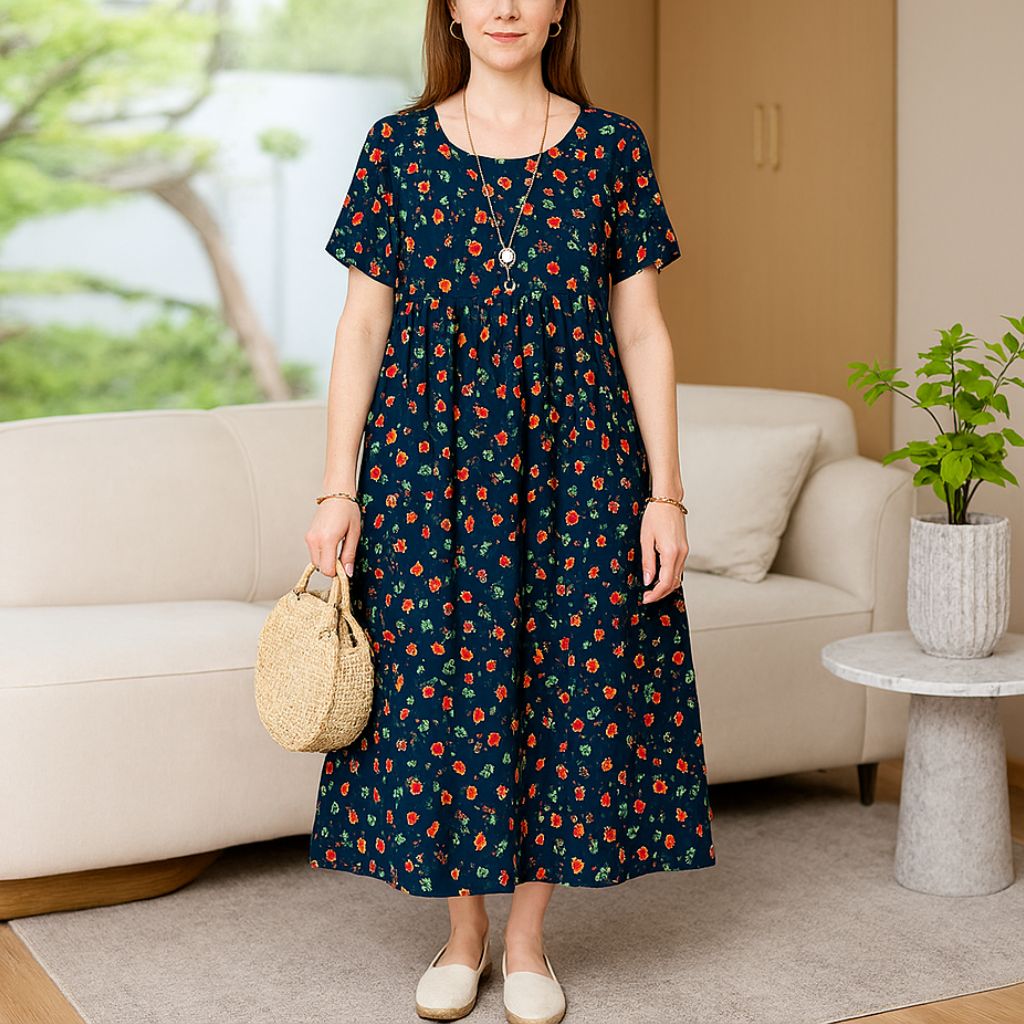 Boho Patchwork Floral Midi Dress – Short Sleeve Boho Style