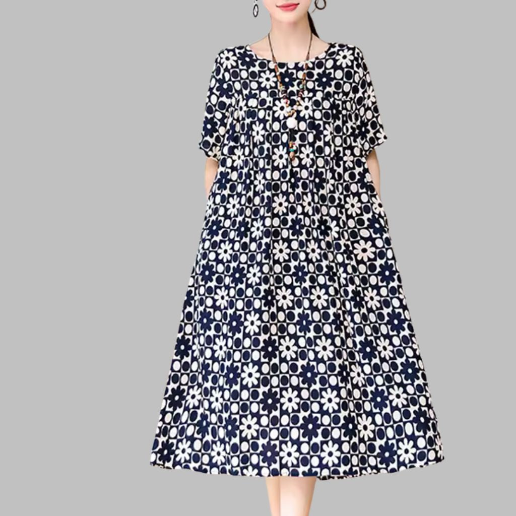 Boho Patchwork Floral Midi Dress – Short Sleeve Boho Style