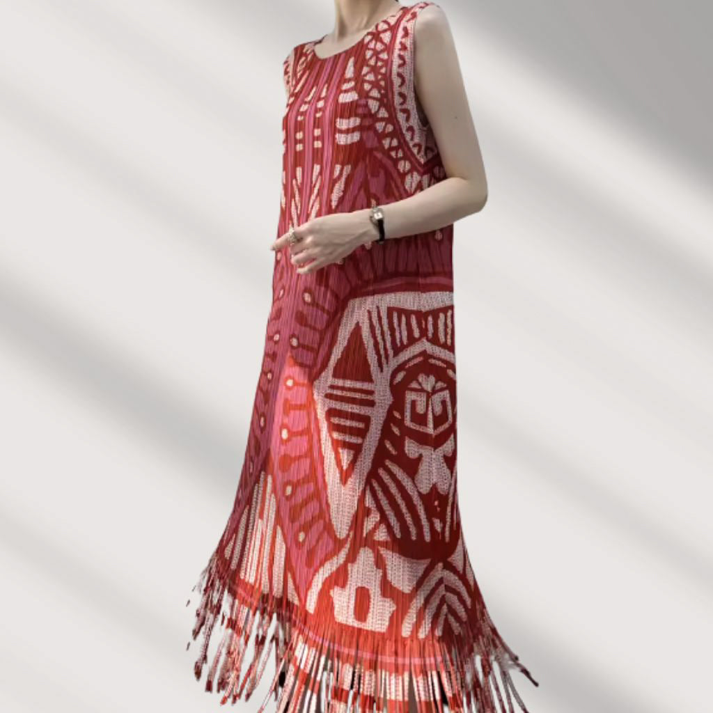 Geometric Fringe Sleeveless Midi Dress – Modern Boho Chic Style