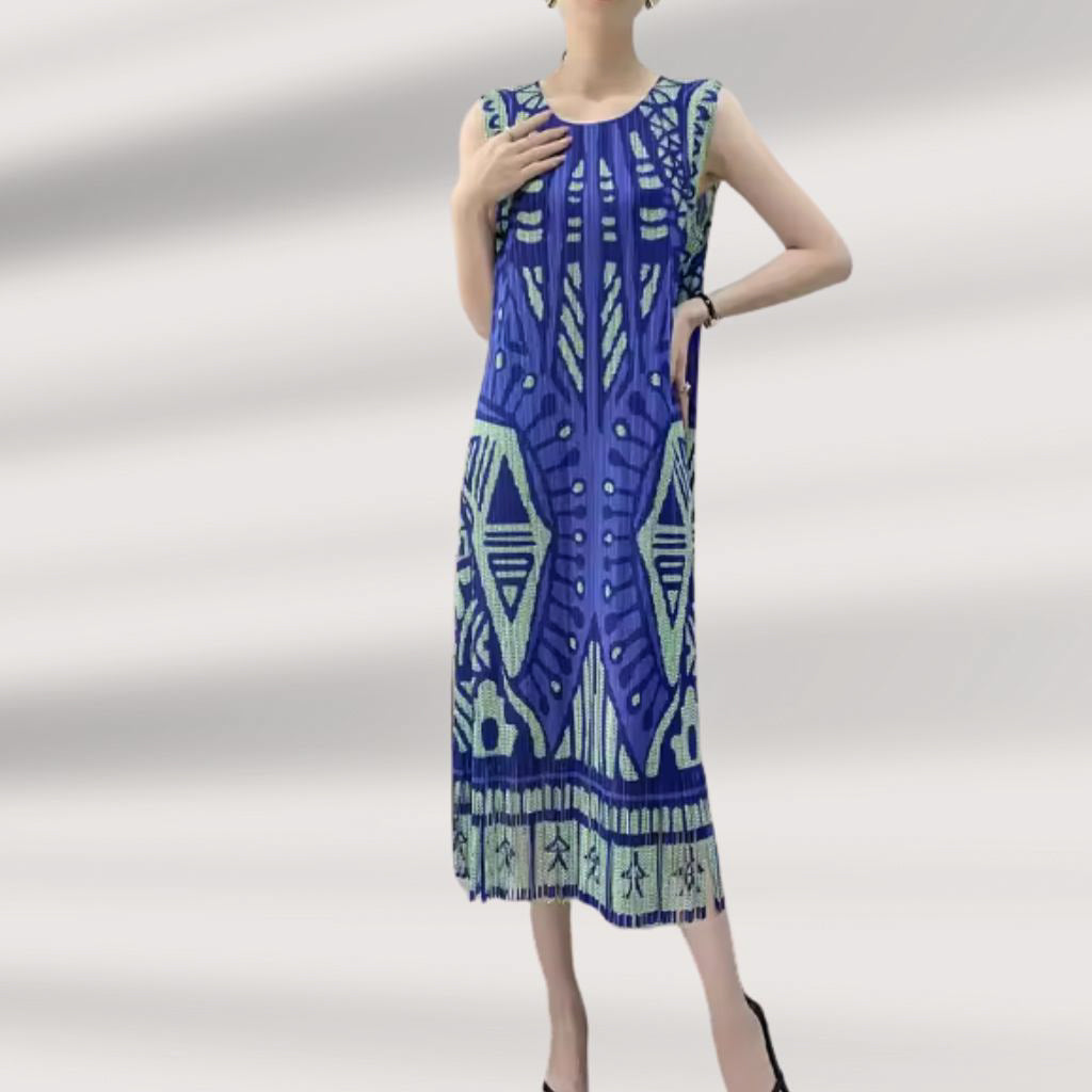 Geometric Fringe Sleeveless Midi Dress – Modern Boho Chic Style