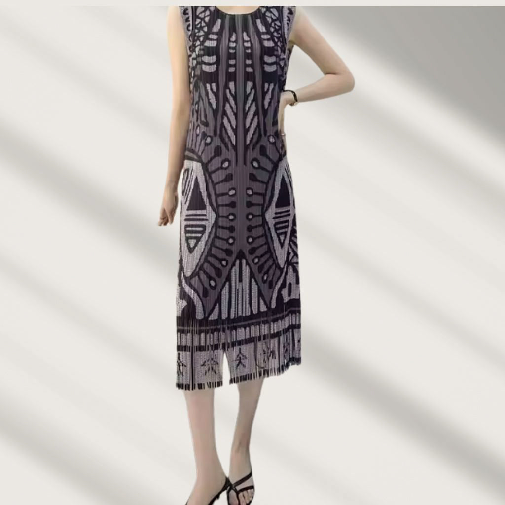 Geometric Fringe Sleeveless Midi Dress – Modern Boho Chic Style