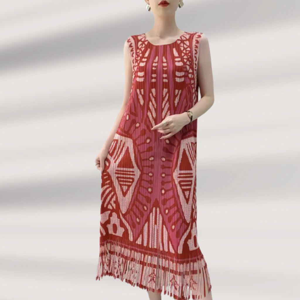 Geometric Fringe Sleeveless Midi Dress – Modern Boho Chic Style