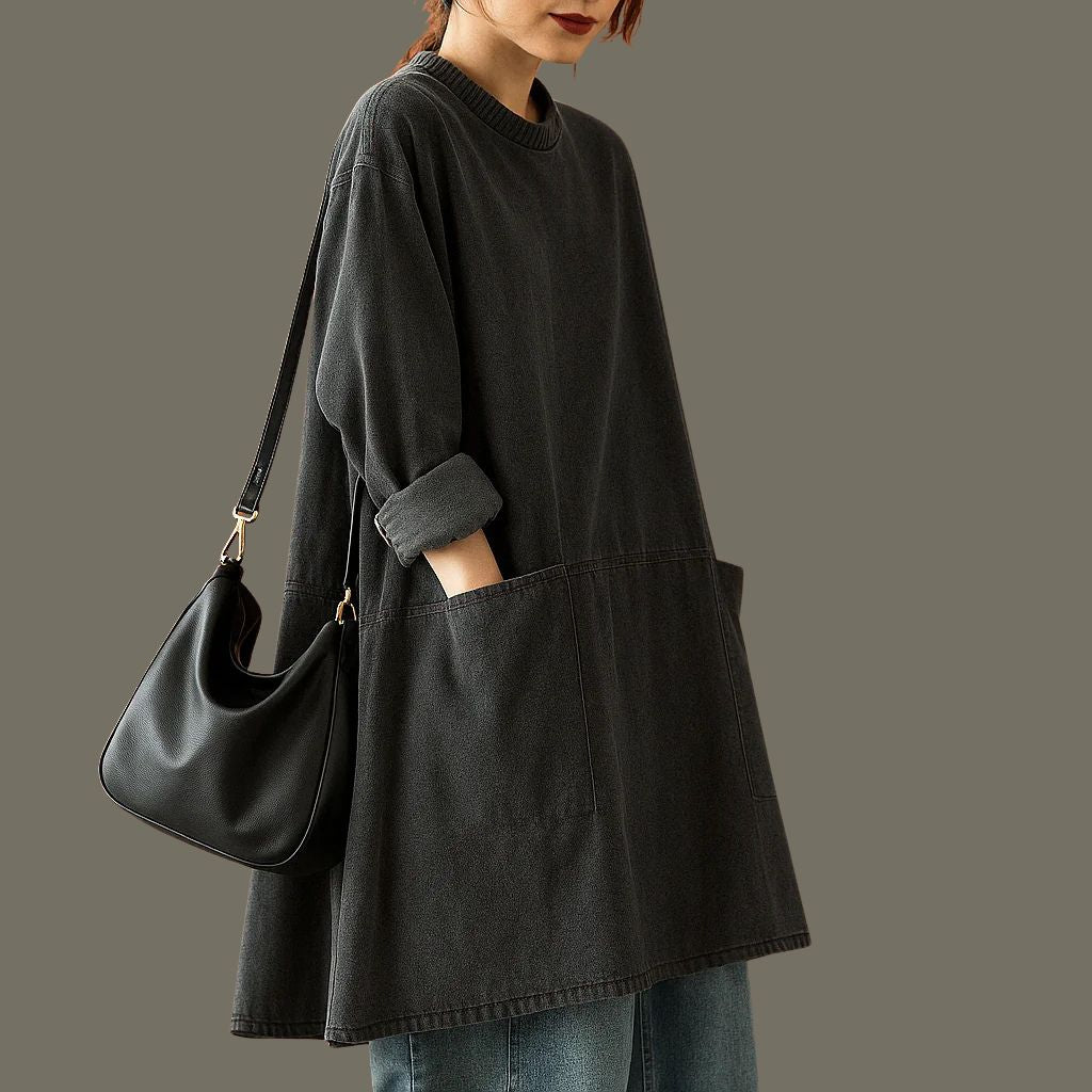 Black Grey Denim Long Sleeve Dress with Pockets – Casual Boho Style