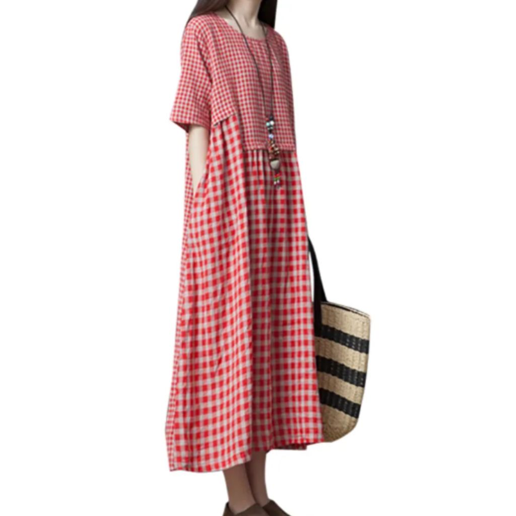 Black Gingham Patchwork Midi Dress – Relaxed Fit with Pockets