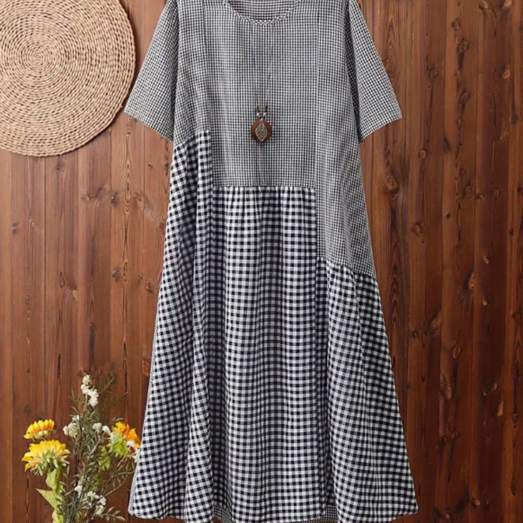 Black Gingham Patchwork Midi Dress – Relaxed Fit with Pockets