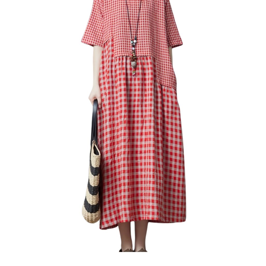 Black Gingham Patchwork Midi Dress – Relaxed Fit with Pockets