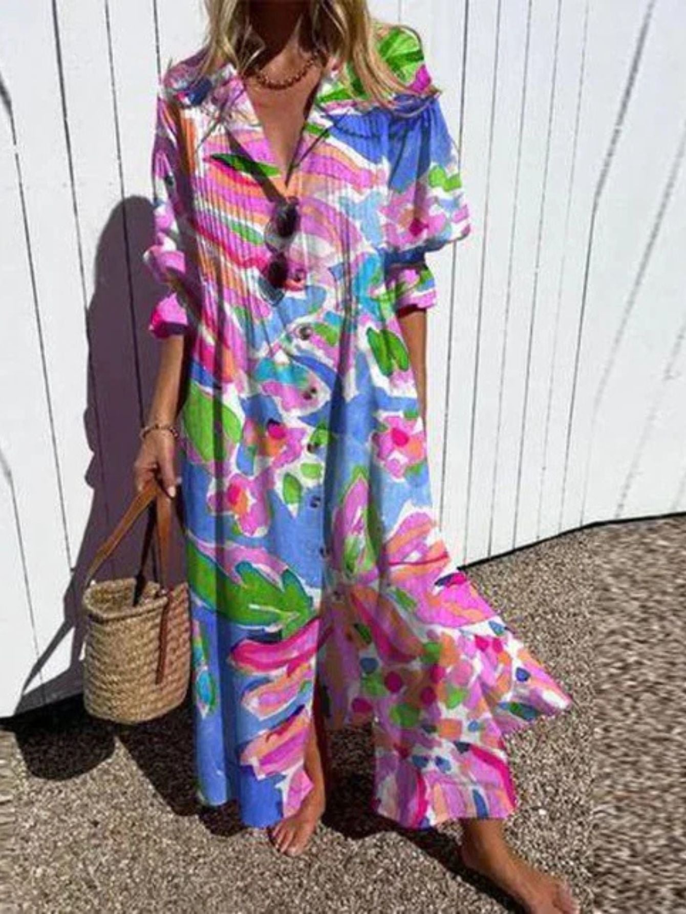 Women's Pleated Maxi Dress – Floral Print, Relaxed Fit Summer Holiday Dress