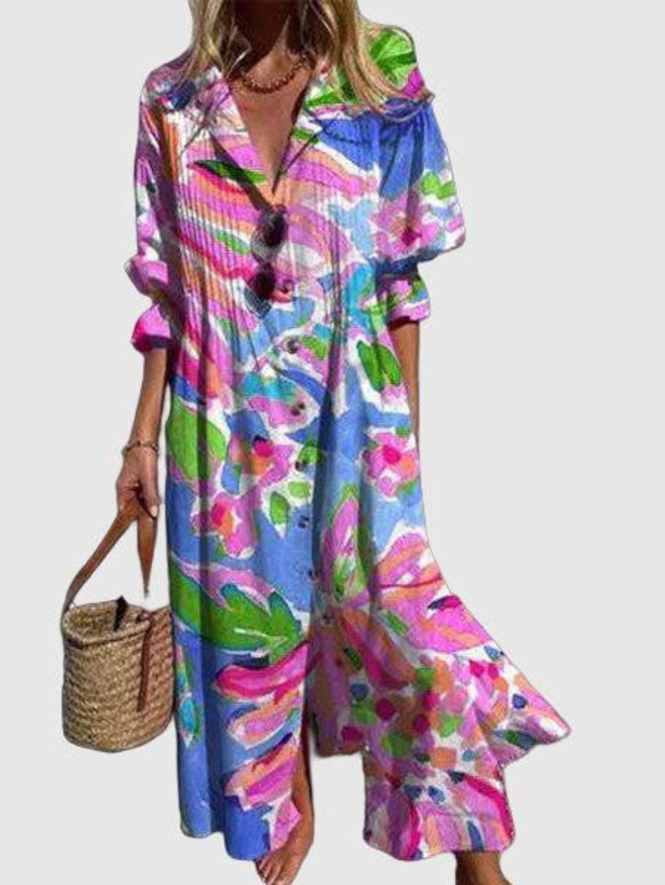 Women's Pleated Maxi Dress – Floral Print, Relaxed Fit Summer Holiday Dress