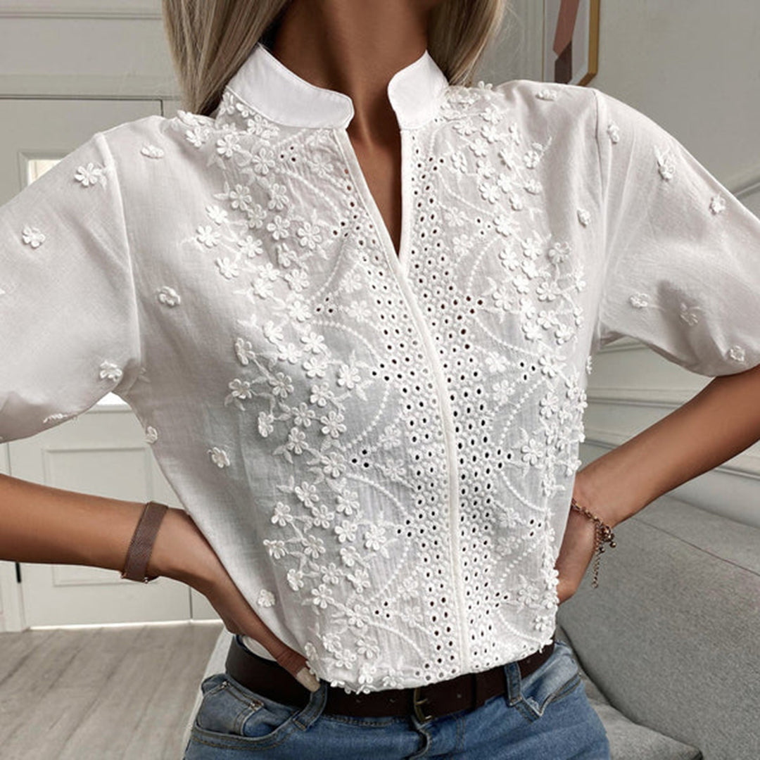 Embroidered-Cotton Button-Up Blouse - Short Sleeve Collared Shirt