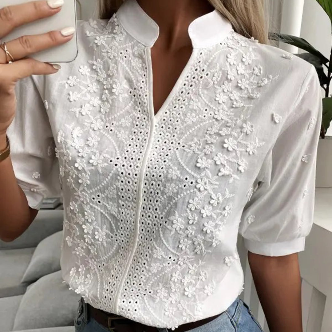 Embroidered-Cotton Button-Up Blouse - Short Sleeve Collared Shirt