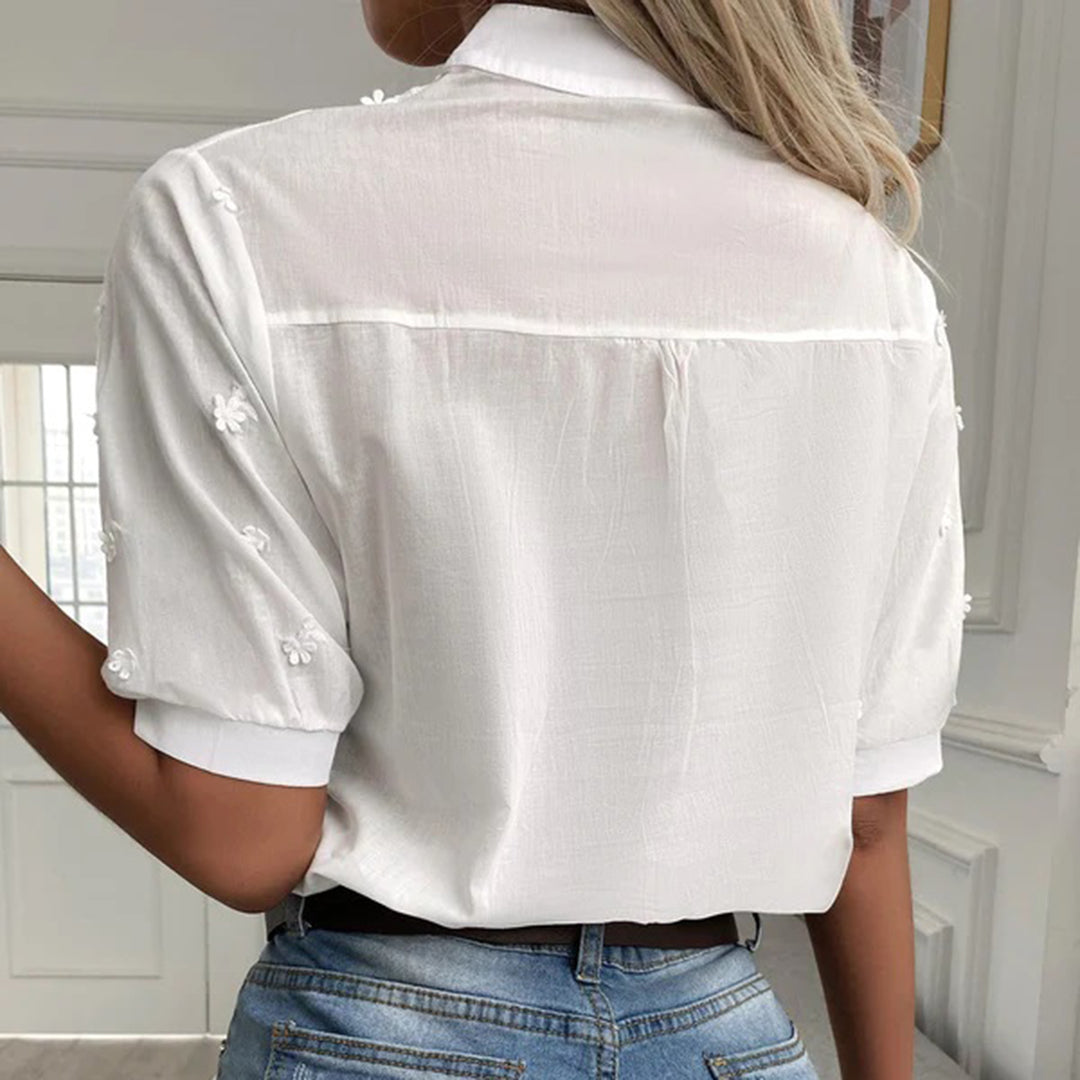 Embroidered-Cotton Button-Up Blouse - Short Sleeve Collared Shirt