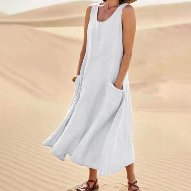 Sleeveless Relaxed Linen Blend Maxi Dress with Pockets – Casual Summer Comfort