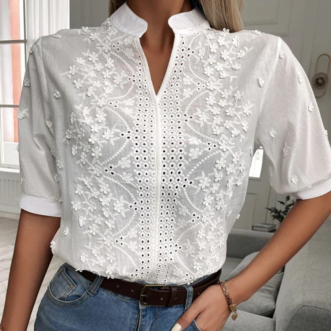 Embroidered-Cotton Button-Up Blouse - Short Sleeve Collared Shirt