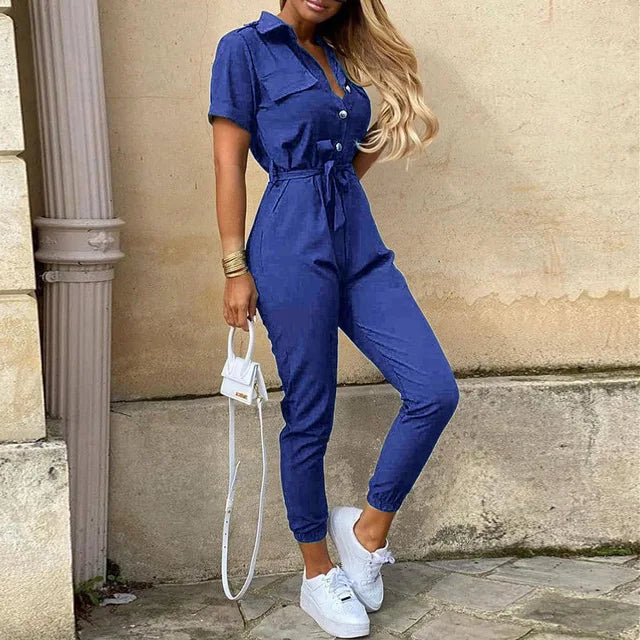 Casual Button-Up Utility Jumpsuit – Short Sleeve One-Piece with Drawstring Waist