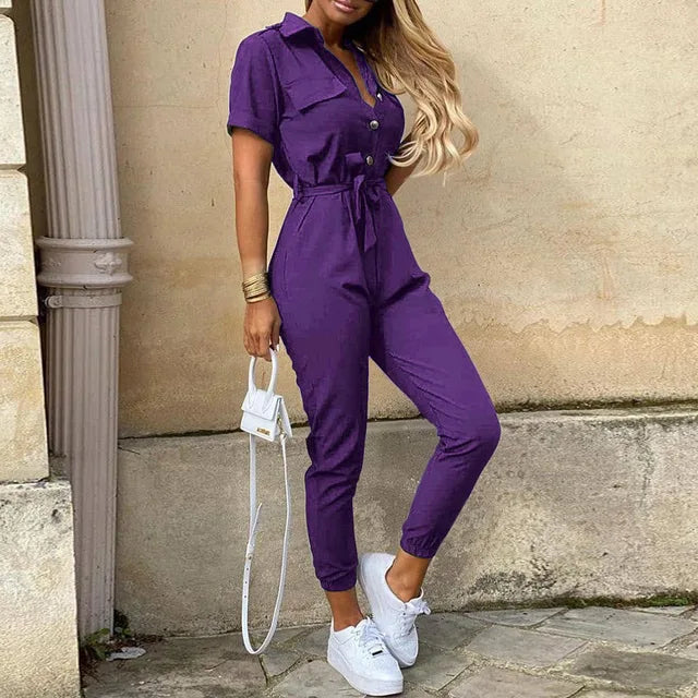 Casual Button-Up Utility Jumpsuit – Short Sleeve One-Piece with Drawstring Waist