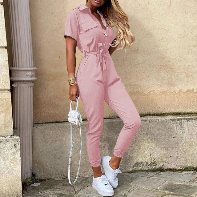 Casual Button-Up Utility Jumpsuit – Short Sleeve One-Piece with Drawstring Waist