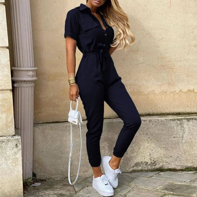 Casual Button-Up Utility Jumpsuit – Short Sleeve One-Piece with Drawstring Waist
