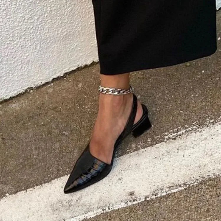 Women's Block Heel Court Shoes – Pointed Croc Effect, Smart Work & Evening Wear