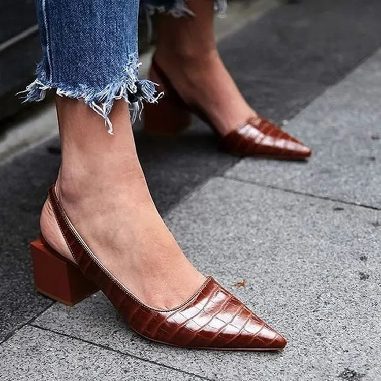 Women's Block Heel Court Shoes – Pointed Croc Effect, Smart Work & Evening Wear