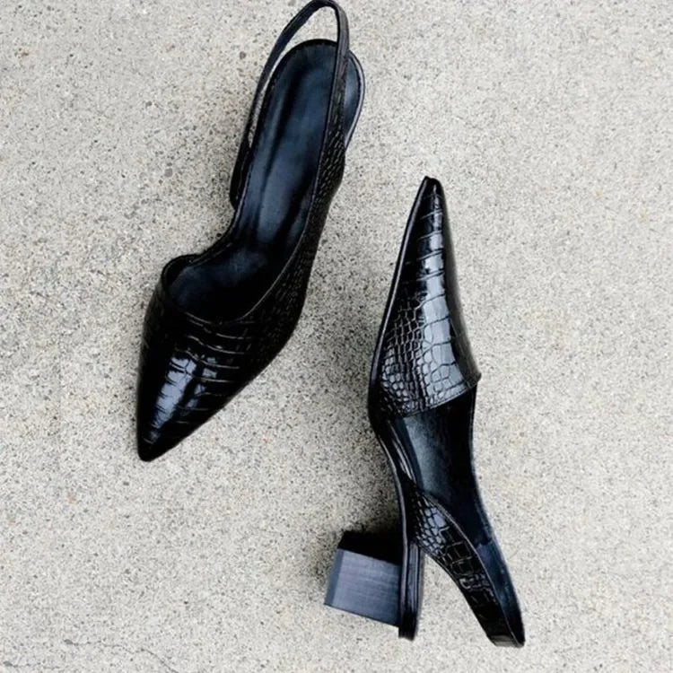 Women's Block Heel Court Shoes – Pointed Croc Effect, Smart Work & Evening Wear