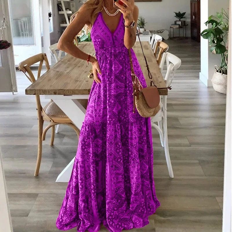 Boho Print Maxi V-Neck Dress - Adjustable Straps