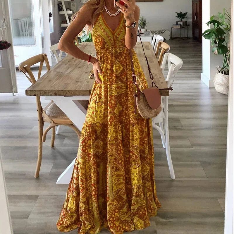 Boho Print Maxi V-Neck Dress - Adjustable Straps