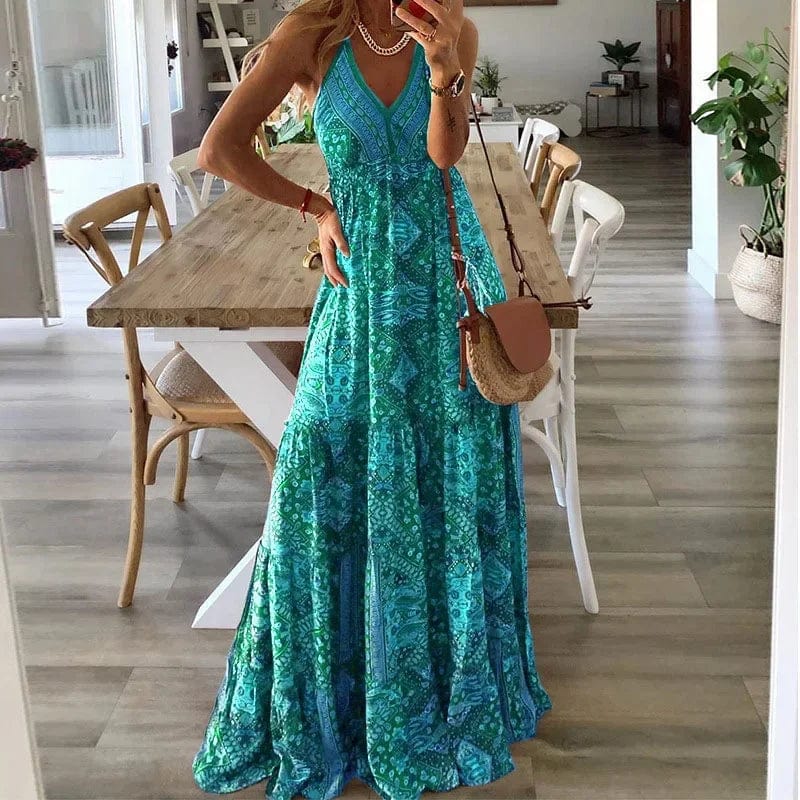 Boho Print Maxi V-Neck Dress - Adjustable Straps