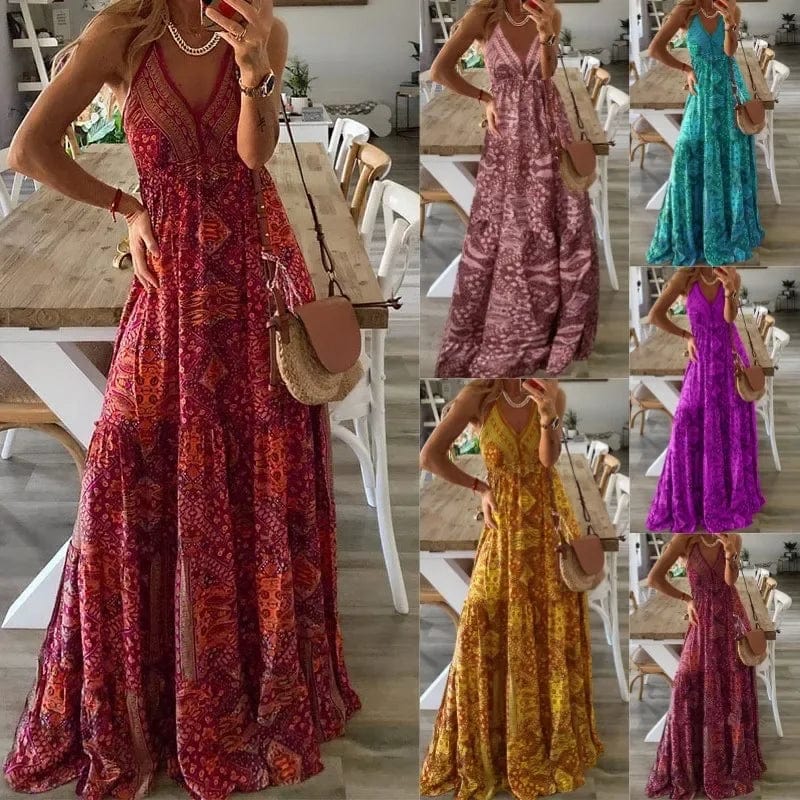 Boho Print Maxi V-Neck Dress - Adjustable Straps