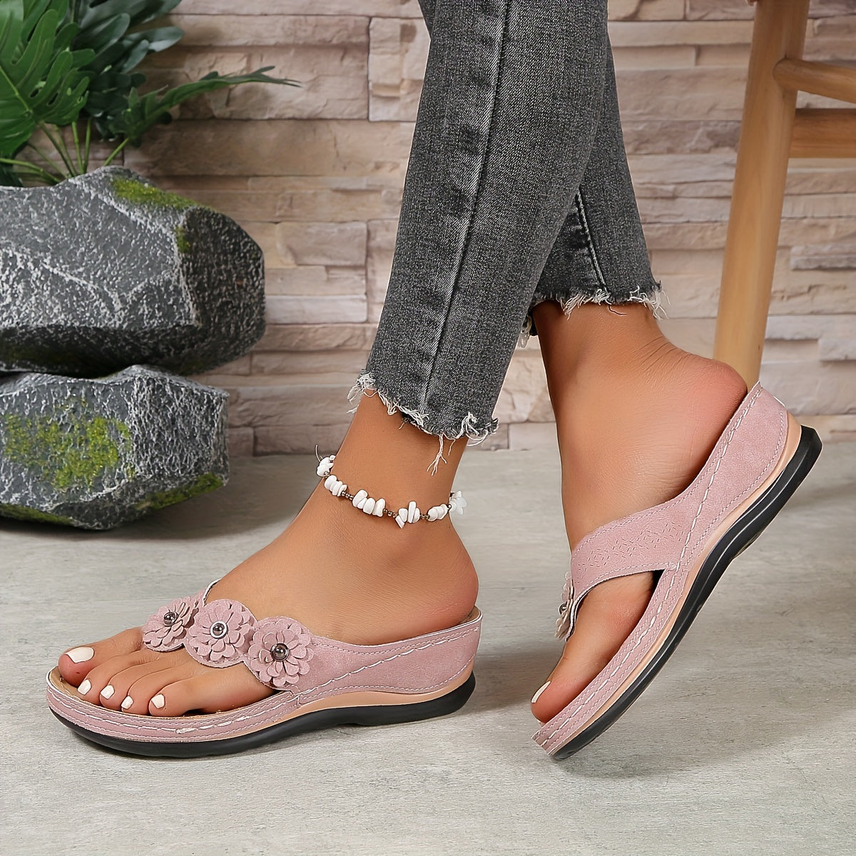 Women's Wedge Sandals – Floral T-Bar, Comfortable Summer Holiday Shoes