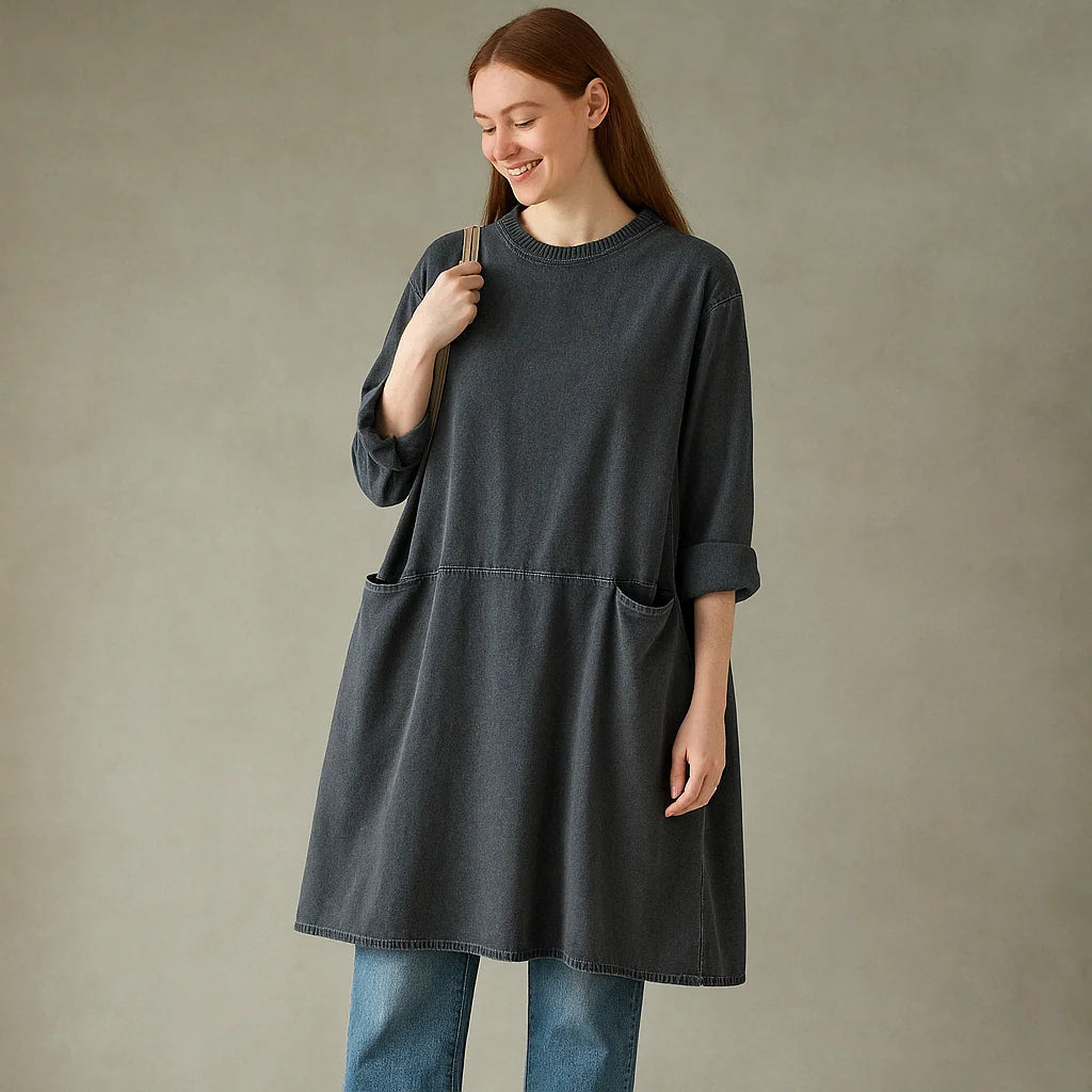 Black Grey Denim Long Sleeve Dress with Pockets – Casual Boho Style