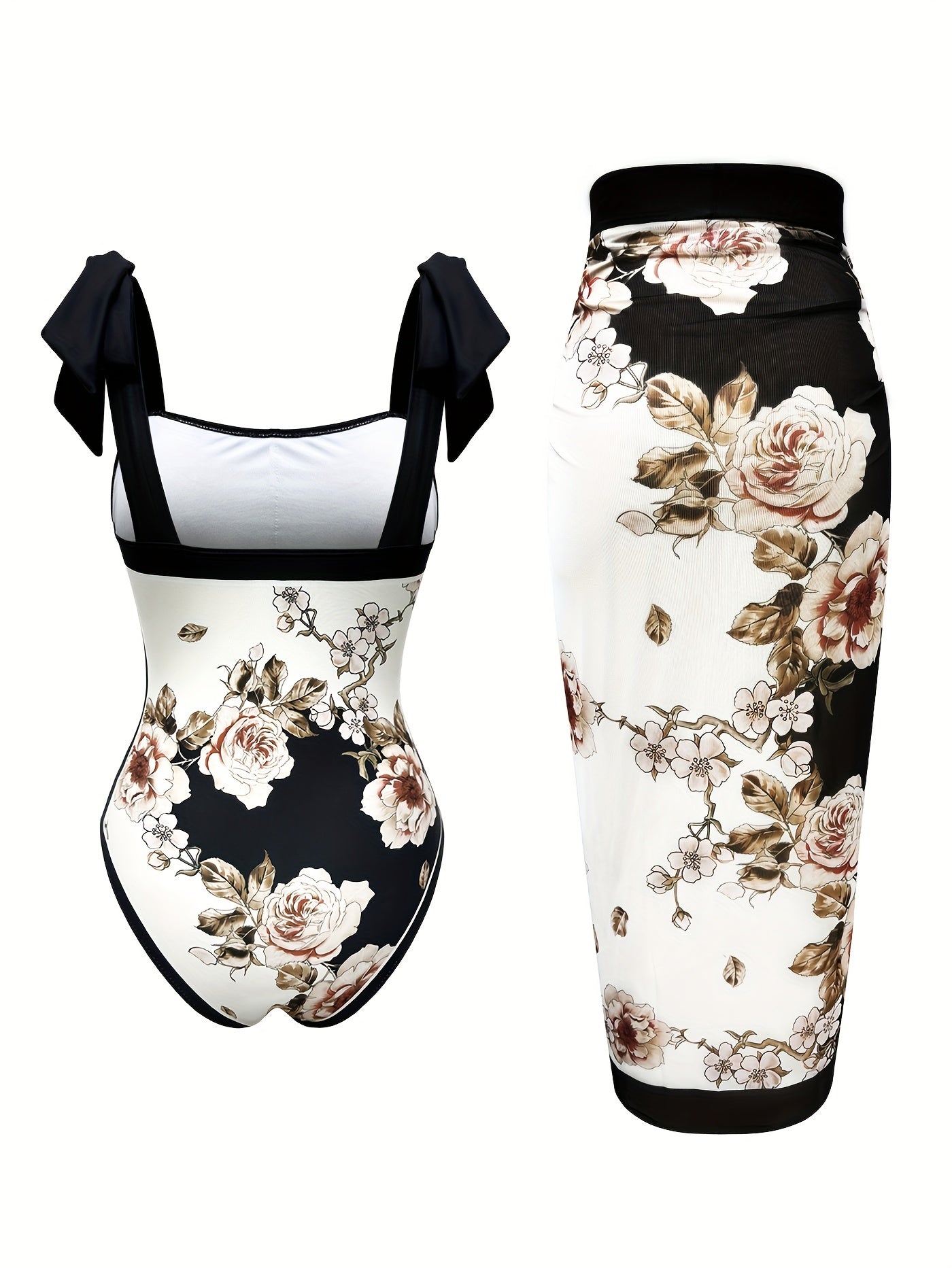 Floral One-Piece Swimsuit & Wrap Skirt Set – Elegant Beachwear