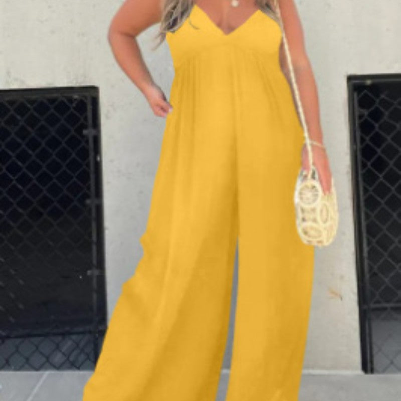 Wide-Leg V-Neck Sleeveless Jumpsuit – Flowy Summer Romper with Pockets
