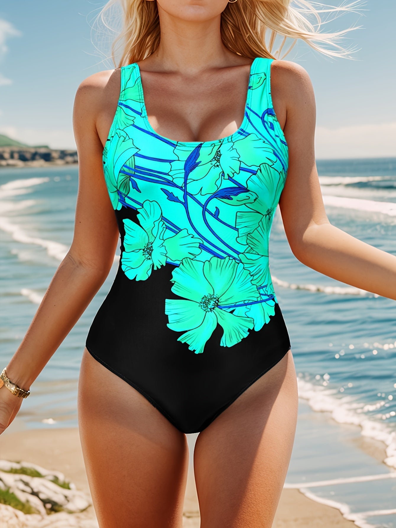 Floral Panel One-Piece Swimsuit – Bold Tropical Print Swimwear