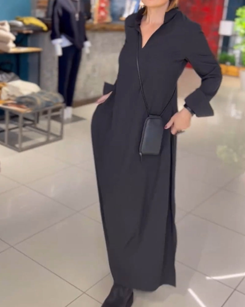 Women's Maxi Dress – Collared V-Neck, Relaxed Fit Elegant Day Dress