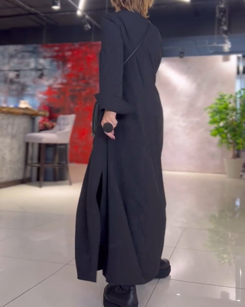 Women's Maxi Dress – Collared V-Neck, Relaxed Fit Elegant Day Dress