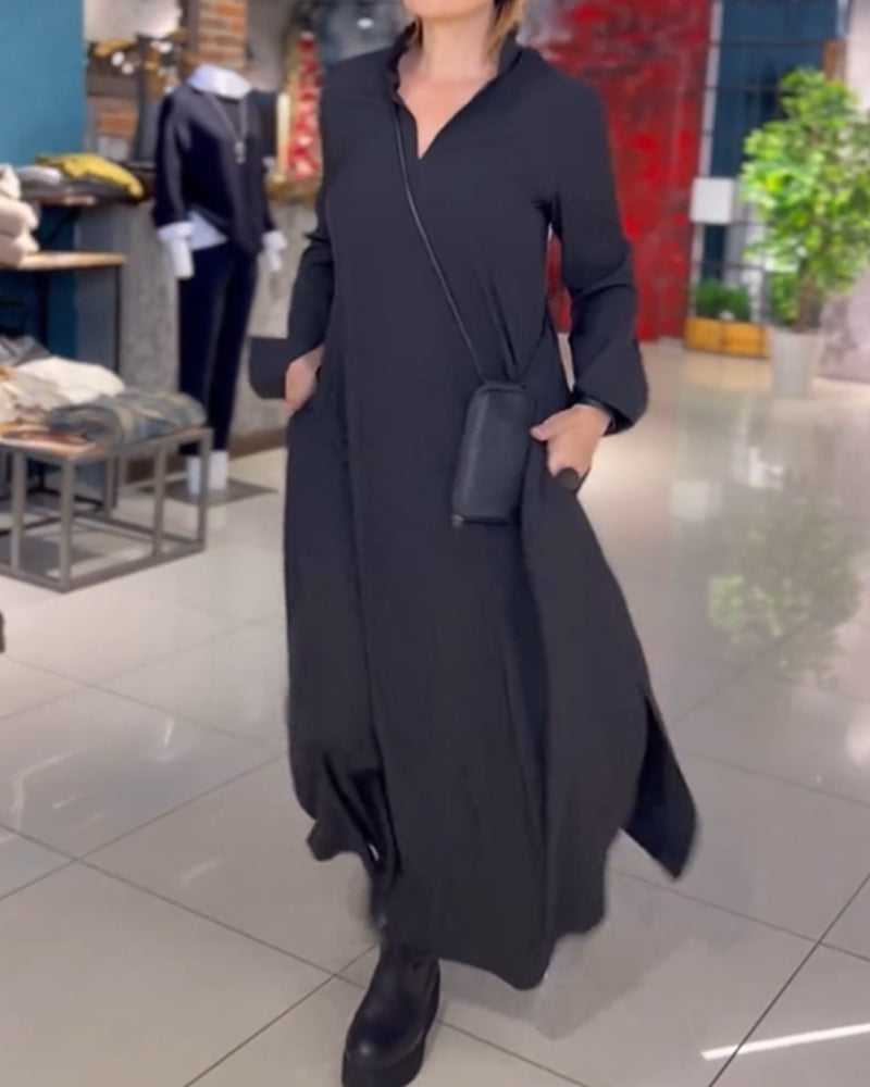 Women's Maxi Dress – Collared V-Neck, Relaxed Fit Elegant Day Dress