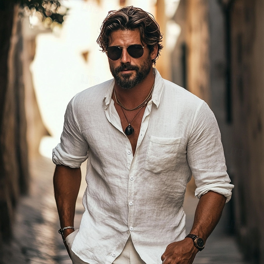 Men's Linen Shirt – Long Sleeve, Relaxed Fit Summer Casual